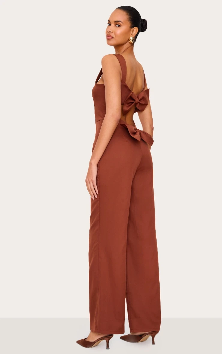 Prettylittlething Chocolate Woven Cut Out Bow Detail Jumpsuit 1 Prettylittlething Chocolate Woven Cut Out Bow Detail Jumpsuit