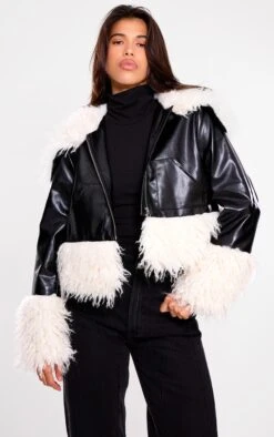 Prettylittlething Black Faux Fur White Trim Contrast Faux Leather Jacket