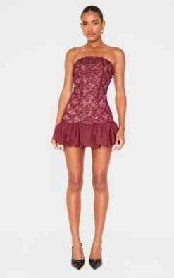 Prettylittlething Burgundy Floral Textured Bandeau Puffball Hem Shift Dress