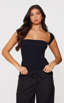 Prettylittlething Black Snatched Rib Cut Out Short Sleeve Bodysuit