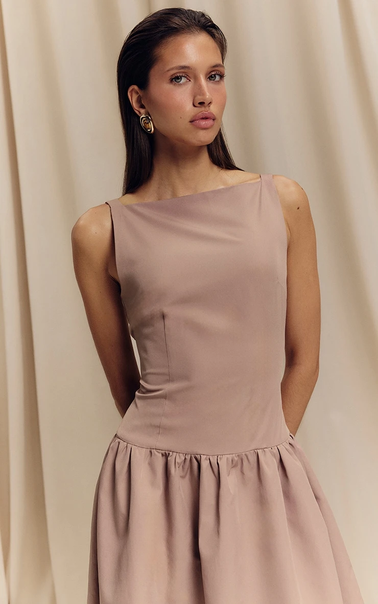 Prettylittlething Taupe Dropped Waist Midaxi Dress 4 Prettylittlething Taupe Dropped Waist Midaxi Dress - Image 4