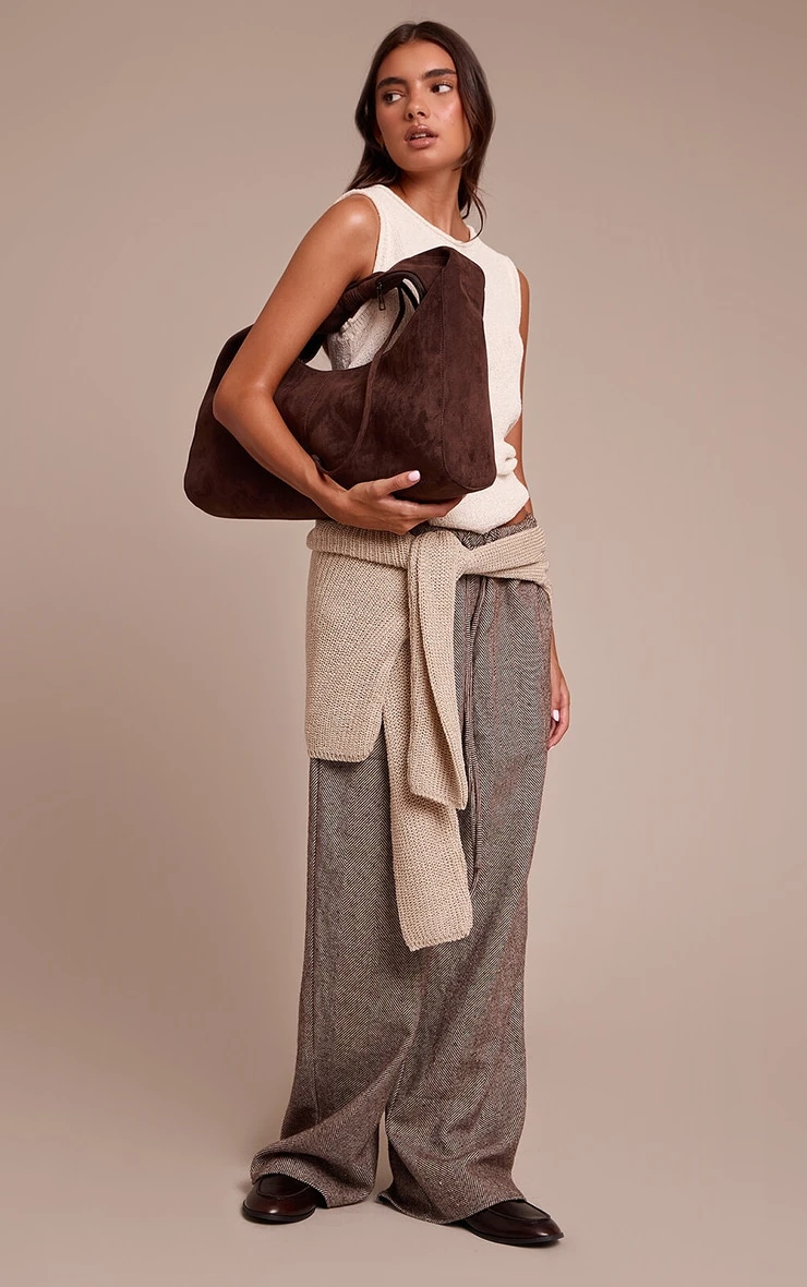 Prettylittlething Chocolate Herringbone Brushed Drawstring Low Rise Pants 1 Prettylittlething Chocolate Herringbone Brushed Drawstring Low Rise Pants