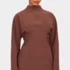 Prettylittlething PLT Label Chocolate Batwing Sleeved Pleated Bodycon Dress