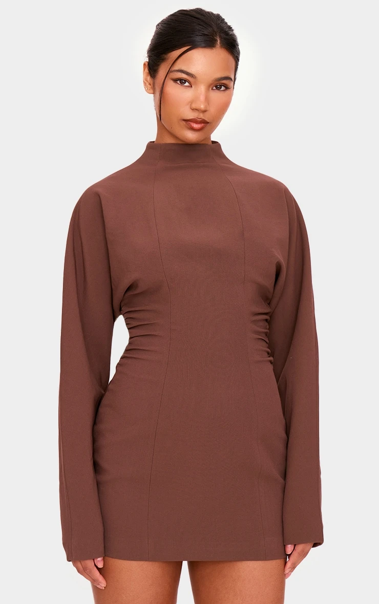 Prettylittlething PLT Label Chocolate Batwing Sleeved Pleated Bodycon Dress 1 Prettylittlething PLT Label Chocolate Batwing Sleeved Pleated Bodycon Dress