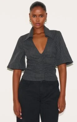 Prettylittlething Charcoal Pinstripe Fitted Boxy Sleeve Shirt