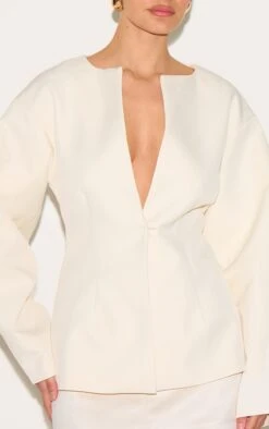 Prettylittlething Cream Cocoon Sleeve Cinched Waist Blazer -Pretty Little Thing Shop b463ce30728ec8c1b218430e54096681dae750fd CNM0740 4 cream cocoon sleeve cinched waist blazer