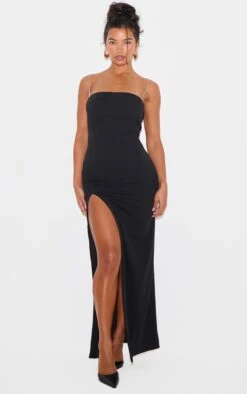Prettylittlething Black Diamante Strap Underbust Detail Maxi Dress
