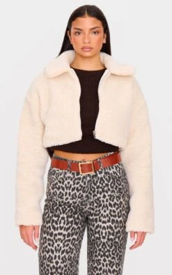 Prettylittlething Cream Cropped Borg Zip Up Jacket