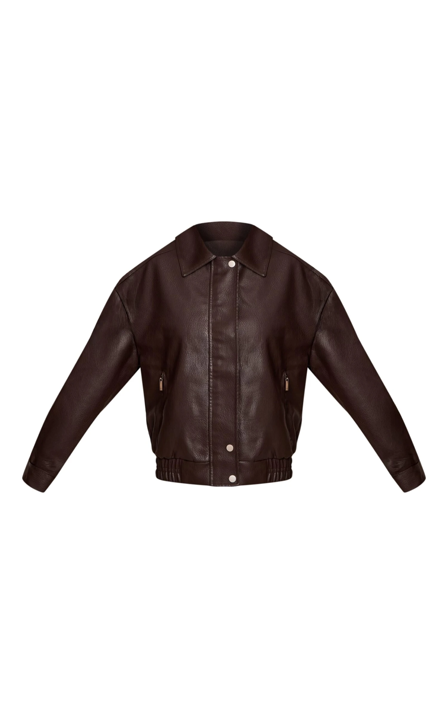 Chocolate Concealed Placket Faux Leather Bomber Jacket 5 Chocolate Concealed Placket Faux Leather Bomber Jacket - Image 5