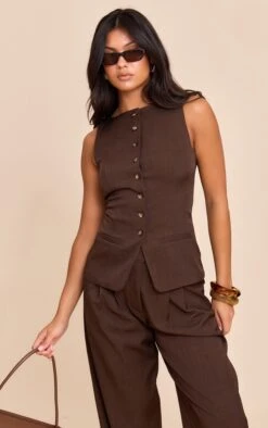 Prettylittlething Dark Brown Tailored Woven Pleated Wide Leg Pants -Pretty Little Thing Shop b55aaa5cfc64243356681b8e2e5be8f80c5ee177 CNN7446 4 dark brown tailored woven pleated wide leg trousers