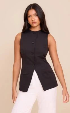 Prettylittlething Black Button Up Sleeveless Vest