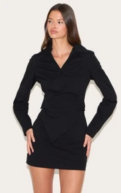 Prettylittlething Black Woven Asymmetric Pearl Detail Shirt Dress