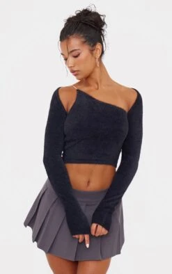 Prettylittlething Black Eyelash Knit Shrug And Top Set