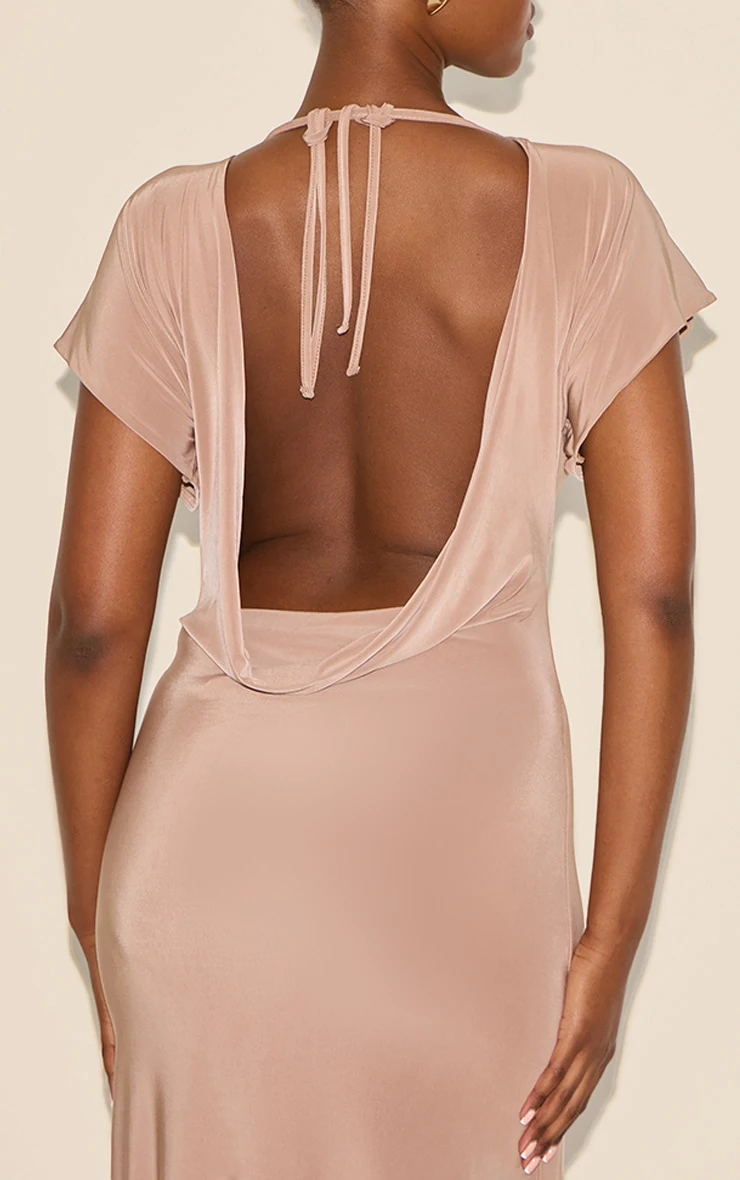 Prettylittlething Beige Double Layered Slinky Ruched Short Sleeve Maxi Dress 4 Prettylittlething Beige Double Layered Slinky Ruched Short Sleeve Maxi Dress - Image 4