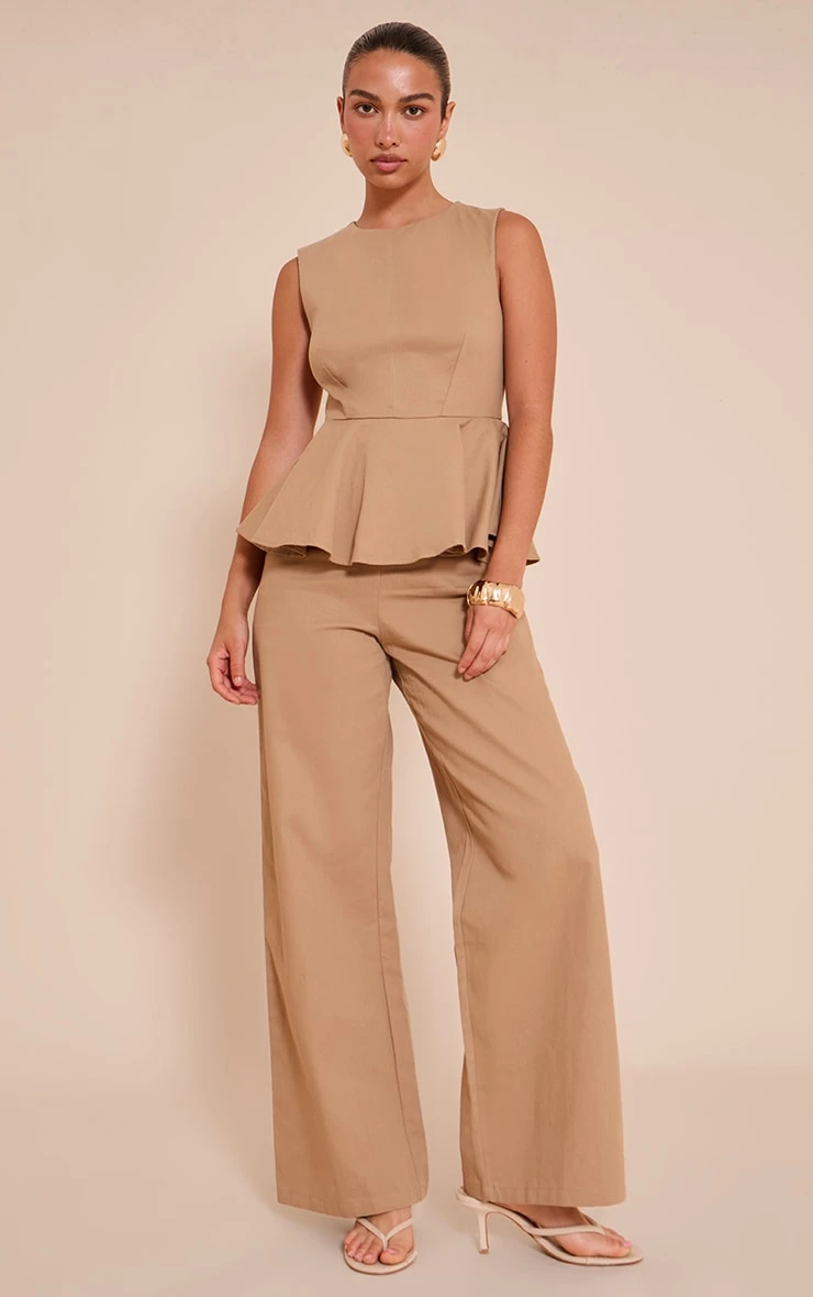 Prettylittlething Mocha Cotton Peplum Detail Wide Leg Jumpsuit 1 Prettylittlething Mocha Cotton Peplum Detail Wide Leg Jumpsuit