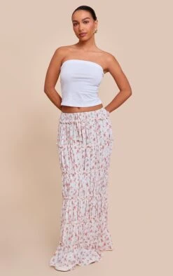 Prettylittlething Pink Ditsy Floral Print Tiered Maxi Skirt