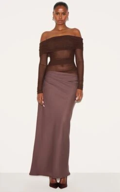 Prettylittlething Chocolate Satin Mesh Detail Bardot Maxi Dress