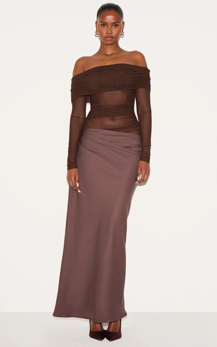 Prettylittlething Chocolate Satin Mesh Detail Bardot Maxi Dress 1 Prettylittlething Chocolate Satin Mesh Detail Bardot Maxi Dress