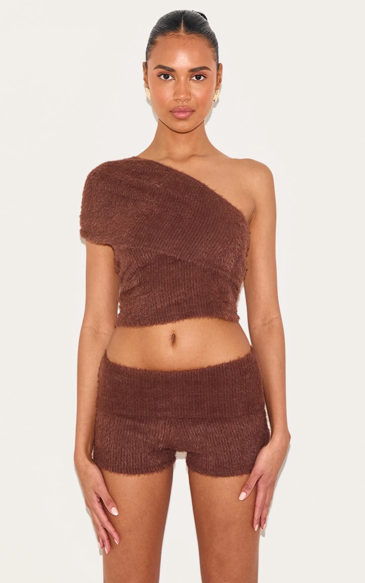 Prettylittlething Chocolate Fluffy Textured Fold Over Hot Pants 4 Prettylittlething Chocolate Fluffy Textured Fold Over Hot Pants - Image 4