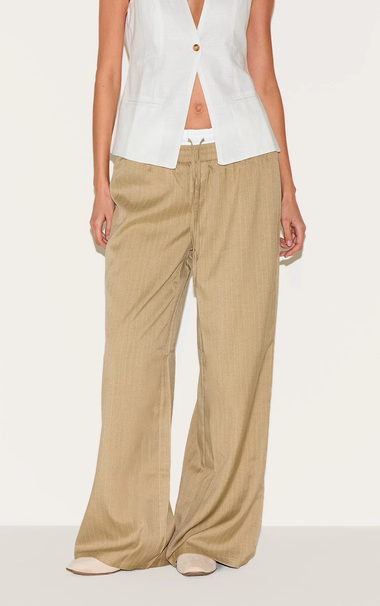 Prettylittlething Olive Pinstripe Print Button Front Straight Leg Pants