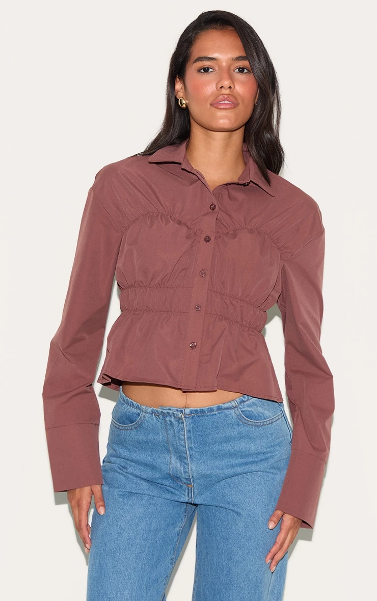 Prettylittlething Dark Brown Shirred Shirt 1 Prettylittlething Dark Brown Shirred Shirt