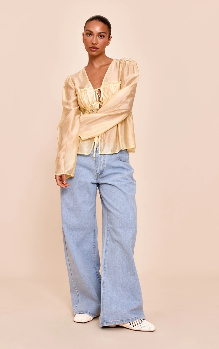 Prettylittlething Butter Yellow Chiffon Tie Front Ruched Blouse 3 Prettylittlething Butter Yellow Chiffon Tie Front Ruched Blouse - Image 3