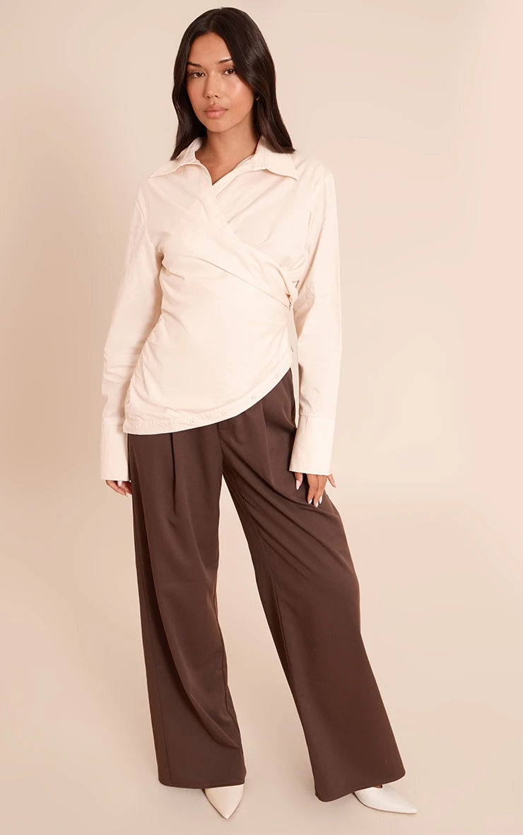 Prettylittlething Cream Ruched Wrap Detail Long Sleeve Shirt 3 Prettylittlething Cream Ruched Wrap Detail Long Sleeve Shirt - Image 3