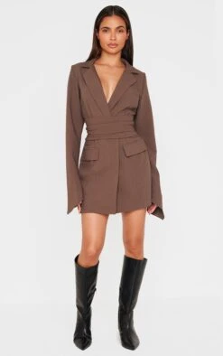 Prettylittlething Chocolate Woven Wrap Belted Blazer Dress