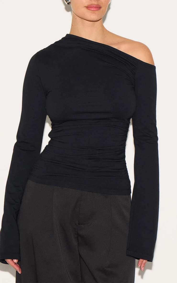 Prettylittlething Black Asymmetric Ruched Flared Sleeve Long Top 4 Prettylittlething Black Asymmetric Ruched Flared Sleeve Long Top - Image 4