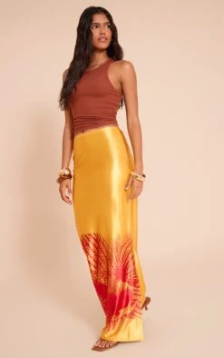 Orange Print Stretch Satin Maxi Skirt
