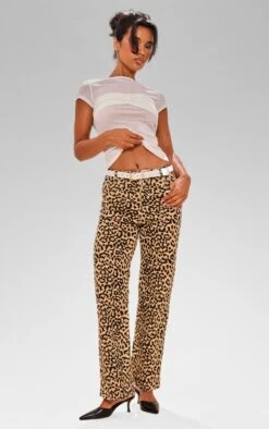 Prettylittlething Brown Leopard Print Straight Leg Jeans