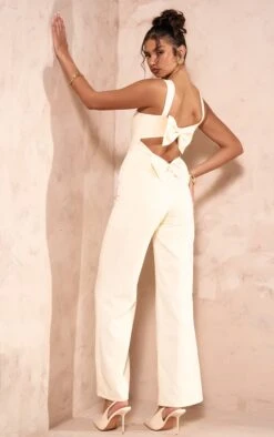 Prettylittlething Cream Woven Cut Out Bow Detail Jumpsuit