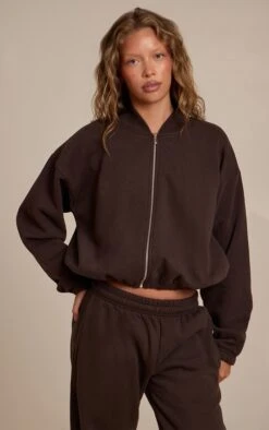 Prettylittlething Espresso Cotton Fleece Bomber Jacket