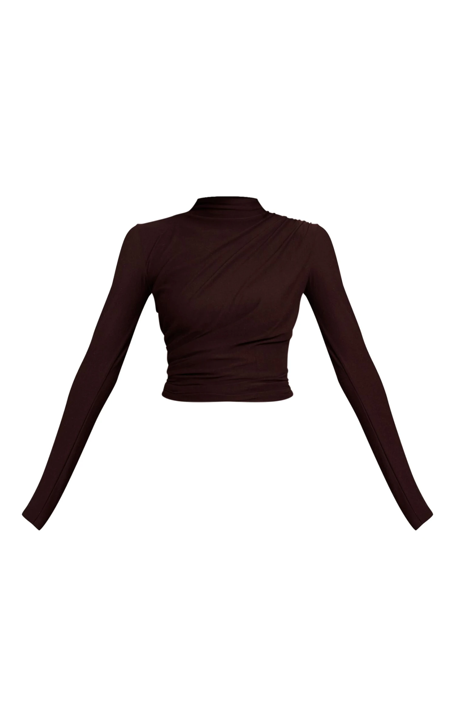 Prettylittlething Dark Chocolate Soft Touch High Neck Ruched Detail Long Sleeve Top - Image 5