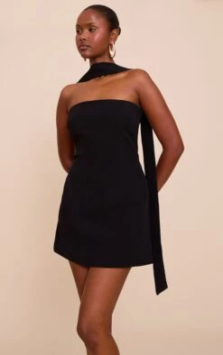 Prettylittlething Black Woven Scarf Detail Bandeau Shift Dress