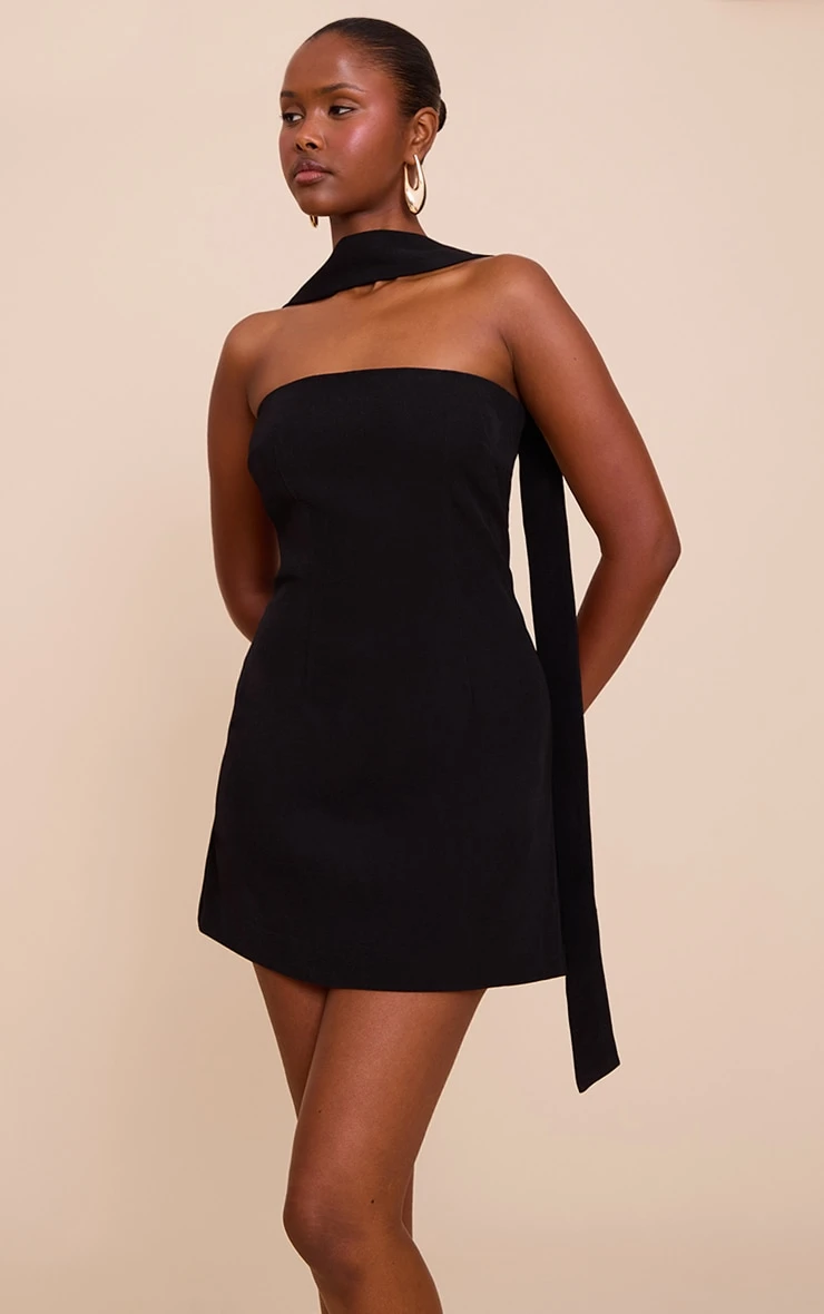 Prettylittlething Black Woven Scarf Detail Bandeau Shift Dress 1 Prettylittlething Black Woven Scarf Detail Bandeau Shift Dress