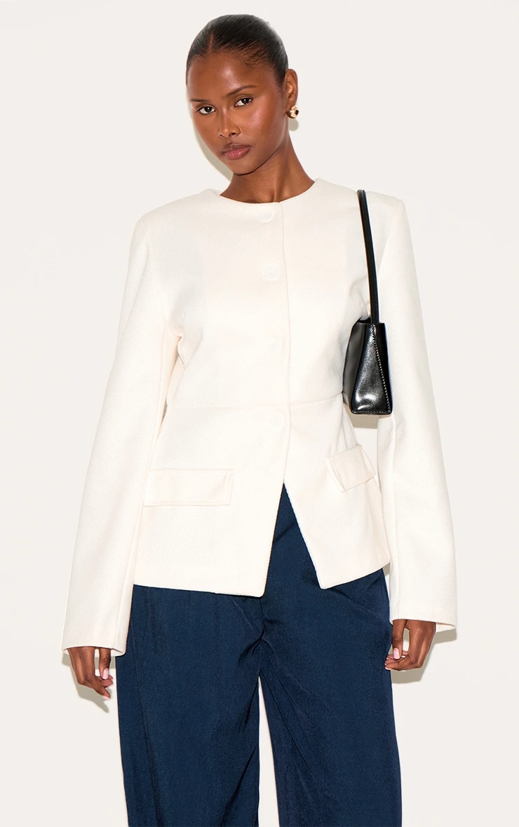Prettylittlething Cream Button Up Longline Collarless Blazer 1 Prettylittlething Cream Button Up Longline Collarless Blazer