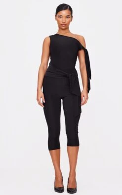 Prettylittlething Black Double Layer Slinky Tie Detail Capri Jumpsuit