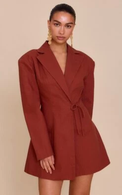 Prettylittlething Rust Linen Blend Tie Detail Blazer Dress