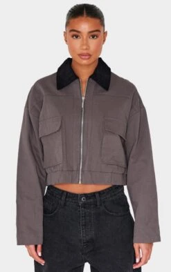Prettylittlething Dark Grey Contrast Collar Twill Jacket