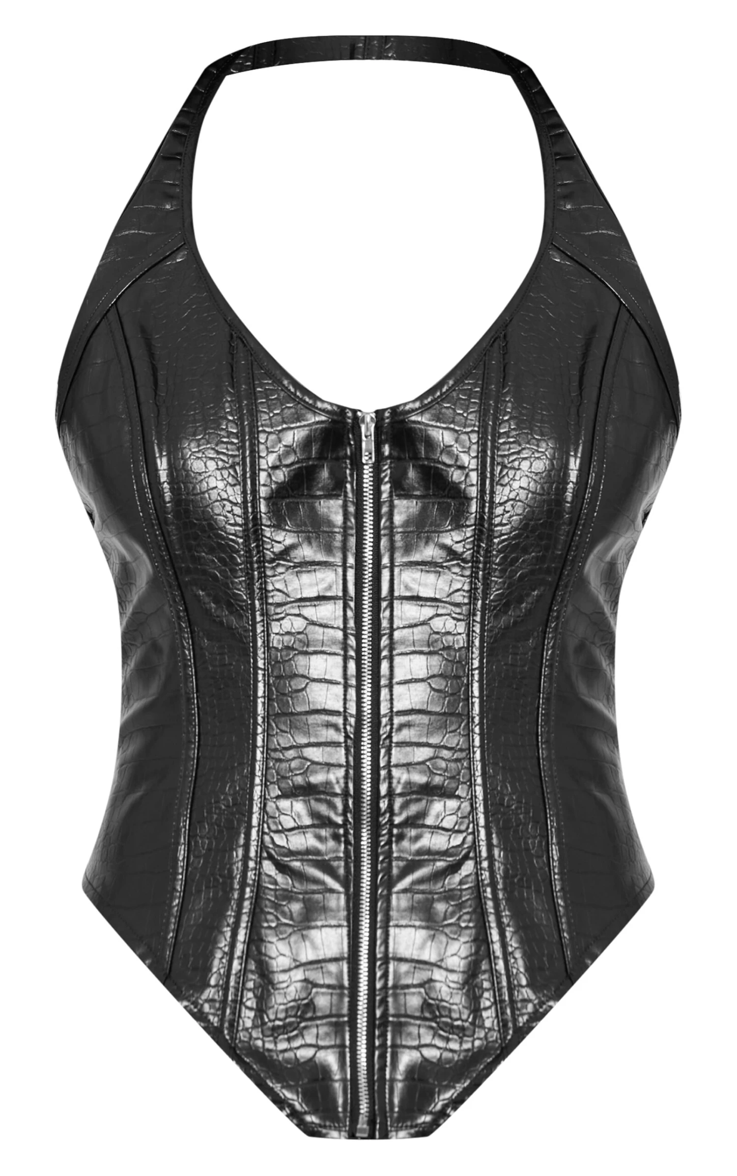 Prettylittlething Black Croc Faux Leather Boned Dip Hem Corset 5 Prettylittlething Black Croc Faux Leather Boned Dip Hem Corset - Image 5