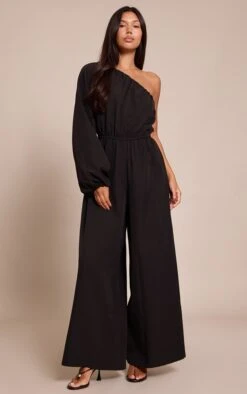 Prettylittlething Black Woven Asymmetric Sintched Waist Jumpsuit