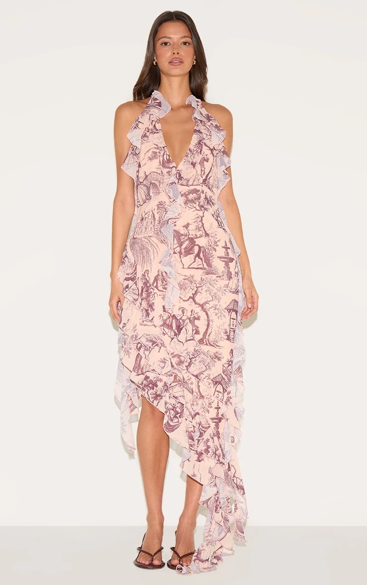Prettylittlething Stone Chiffon Print Frill Detail Plunge Midaxi Dress