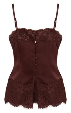 Chocolate Satin Button Up Lace Detail Cami -Pretty Little Thing Shop b8e3634c25bb42ef029b979b3c9f5333ee728b0d CNO1182 5 chocolate satin button up lace detail cami