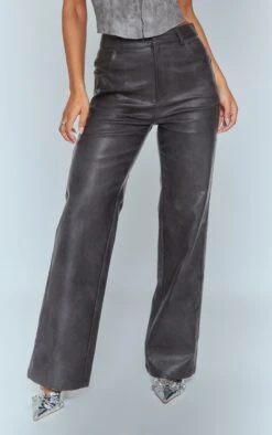 Prettylittlething Washed Black Faux Leather Straight Leg Pants