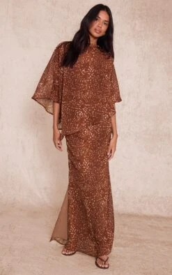 Brown Abstract Printed Chiffon Maxi Dress
