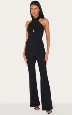 Prettylittlething Black Cross Neck Tie Back Rib Jumpsuit
