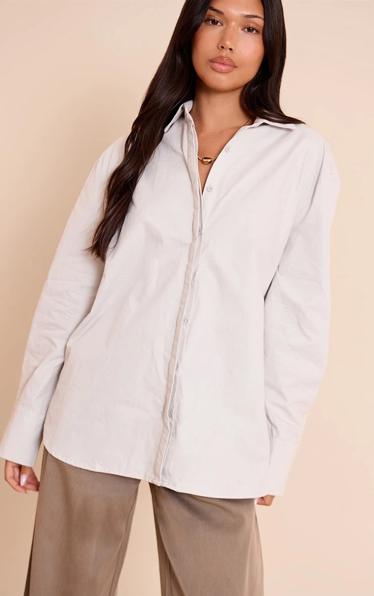 Prettylittlething Light Grey Cotton Oversized Cuff Shirt