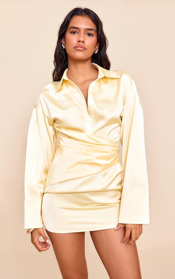 Prettylittlething Butter Yellow Premium Satin Bell Sleeve Shirt Dress
