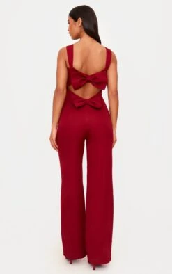 Prettylittlething Burgundy Woven Cut Out Bow Detail Jumpsuit